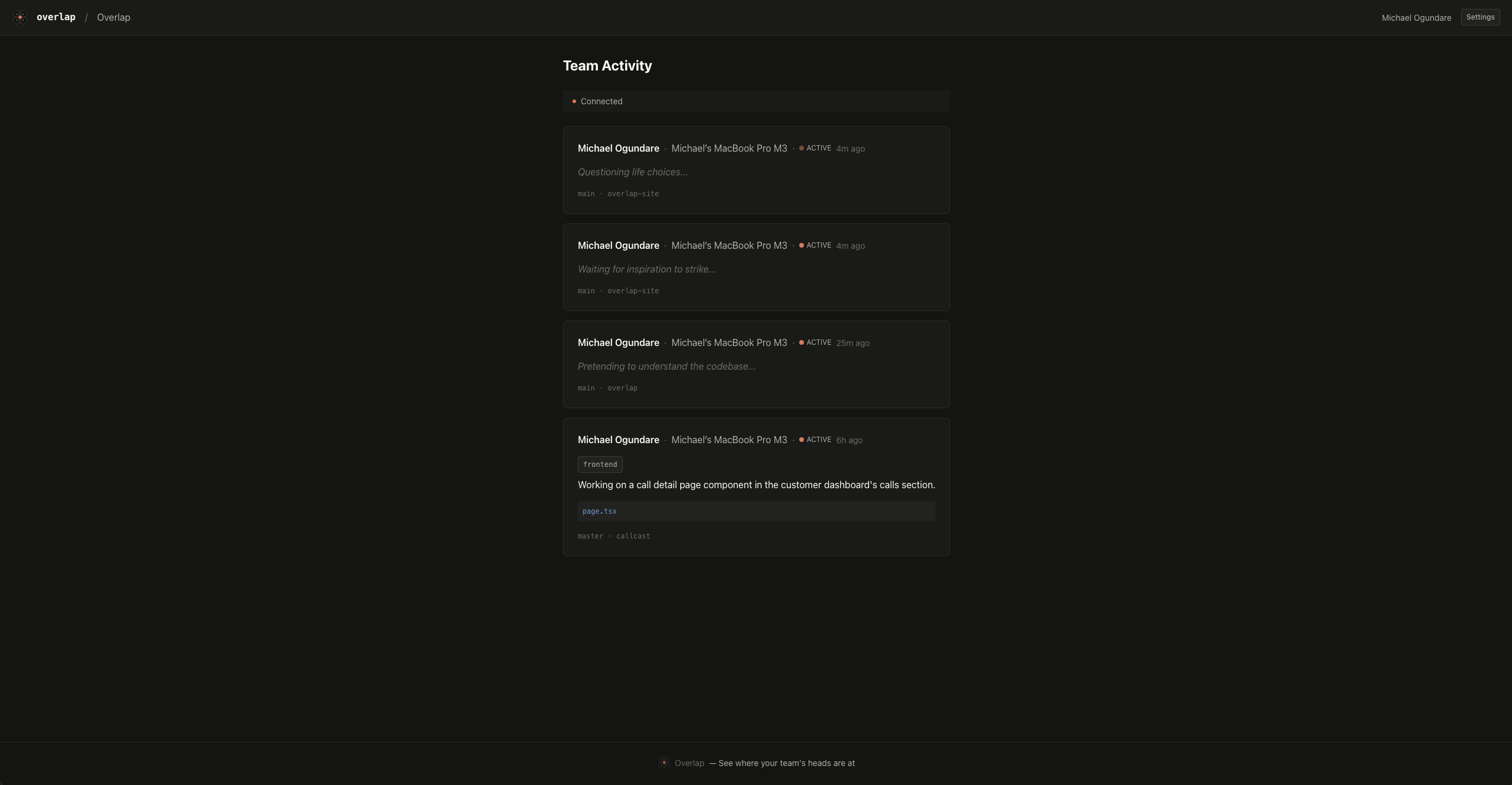 Overlap dashboard showing team activity
